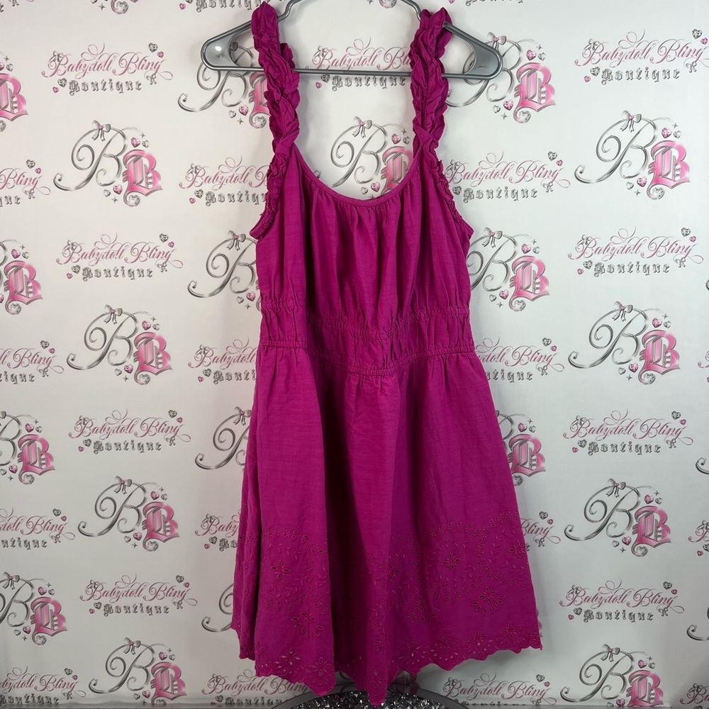 Old Navy dress ruffle straps floral flowers eyelet pattern Fuchsia Midi Dress